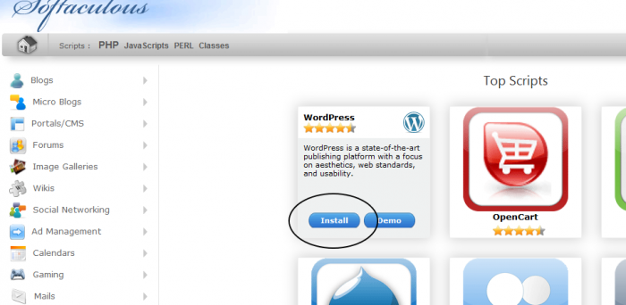 wordpress in softaculous